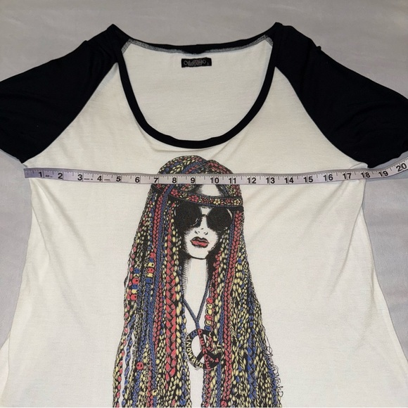 LAUREN MOSHI T Shirt Black White Hippie Girl Colourful Harmony Peace Love Size L - Picture 8 of 11
